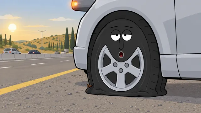 צמיג מנוקב עם פרצוף עייף בצד הכביש, מתוך וויב ופרויד
